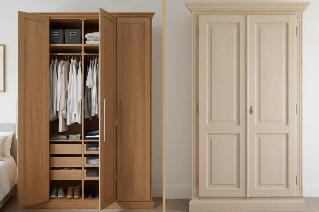 Comparison of a modern open oak solid wood wardrobe and a traditional painted two-door solid wood wardrobe