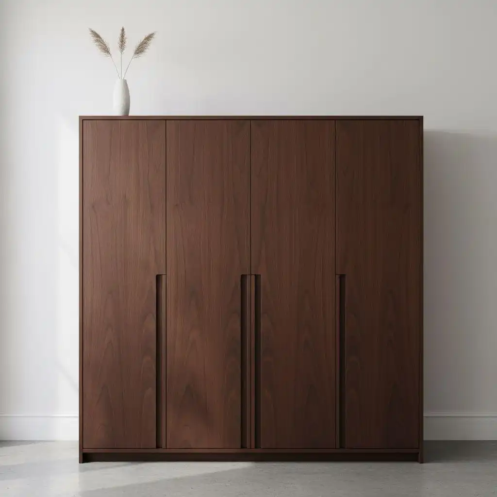 Dark solid wood four-door wardrobe with minimalist recessed vertical handles.