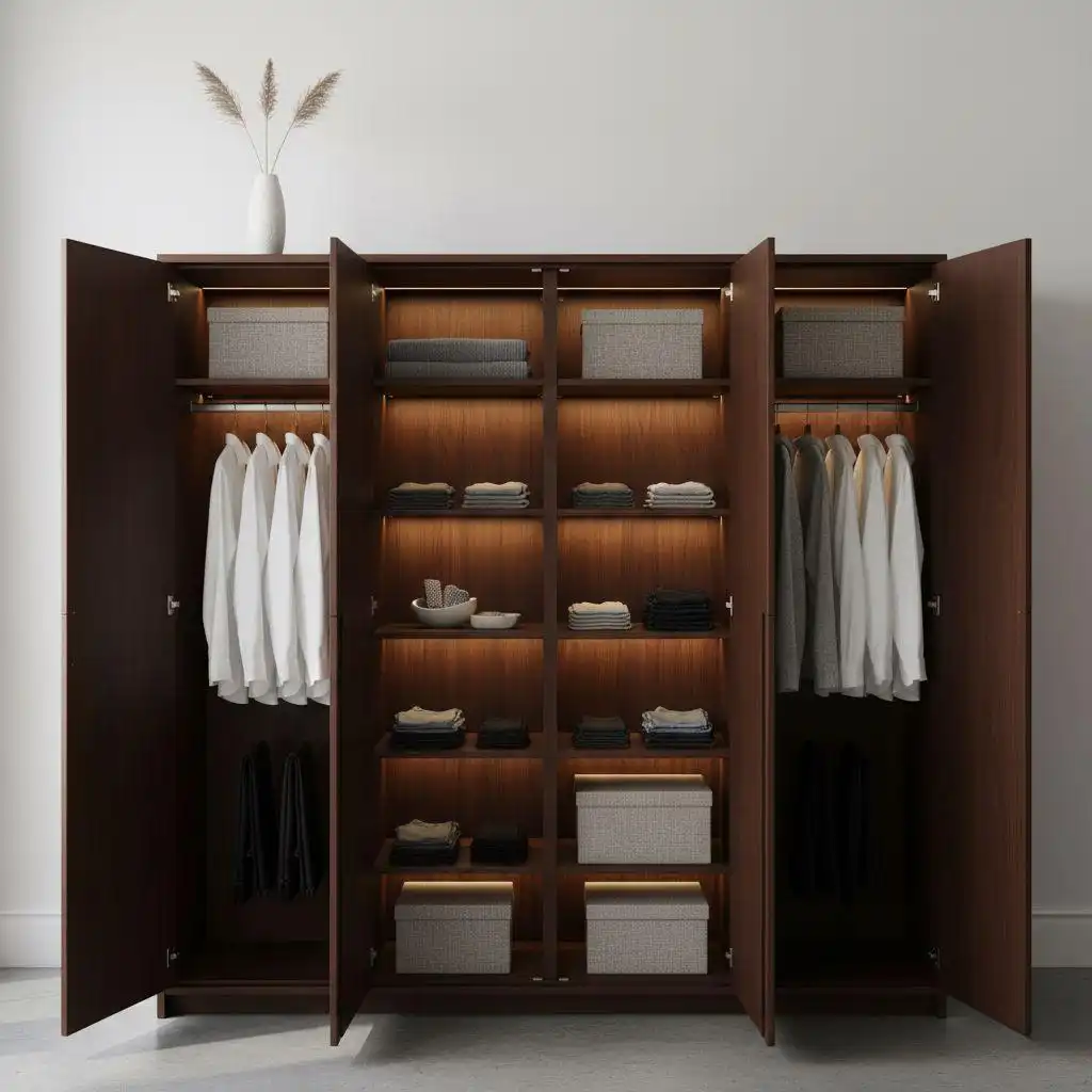 Open dark solid wood wardrobe with interior LED lighting showing organized shelves and hanging space.