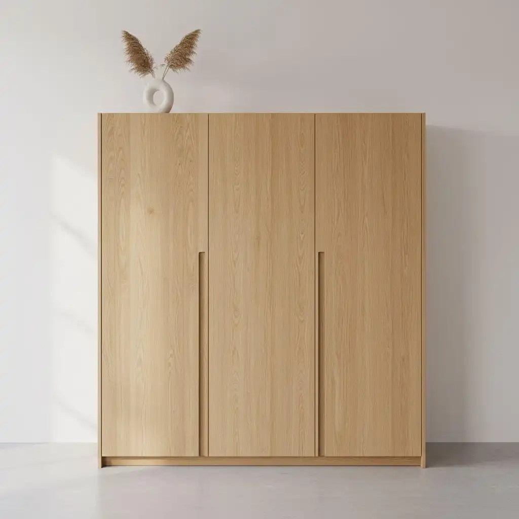 Three-door solid wood wardrobe with vertical bar handles and a light oak finish.