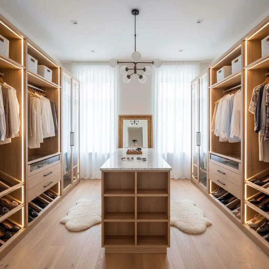 Luxury walk-in closet ideas featuring light wood cabinetry, integrated LED strip lighting, a central marble-top island, sheer white curtains, and natural oak flooring.
