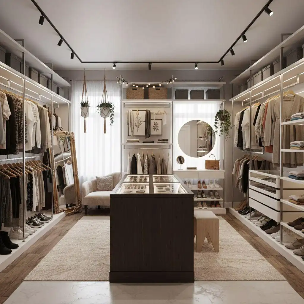 Modern walk-in closet ideas featuring open, adjustable metal shelving systems, a dark central island with a glass display top, track lighting, a full-length mirror, and a sitting area with a chaise lounge.