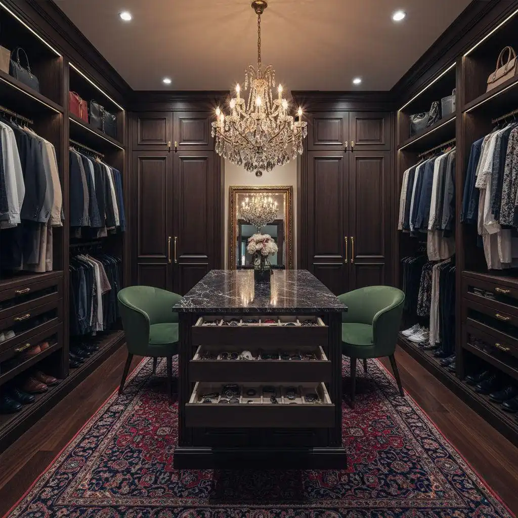 Luxury traditional walk-in closet ideas featuring dark espresso wood cabinetry, a crystal chandelier, a black marble-top island with display drawers, a Persian rug, and recessed lighting for a stately look.