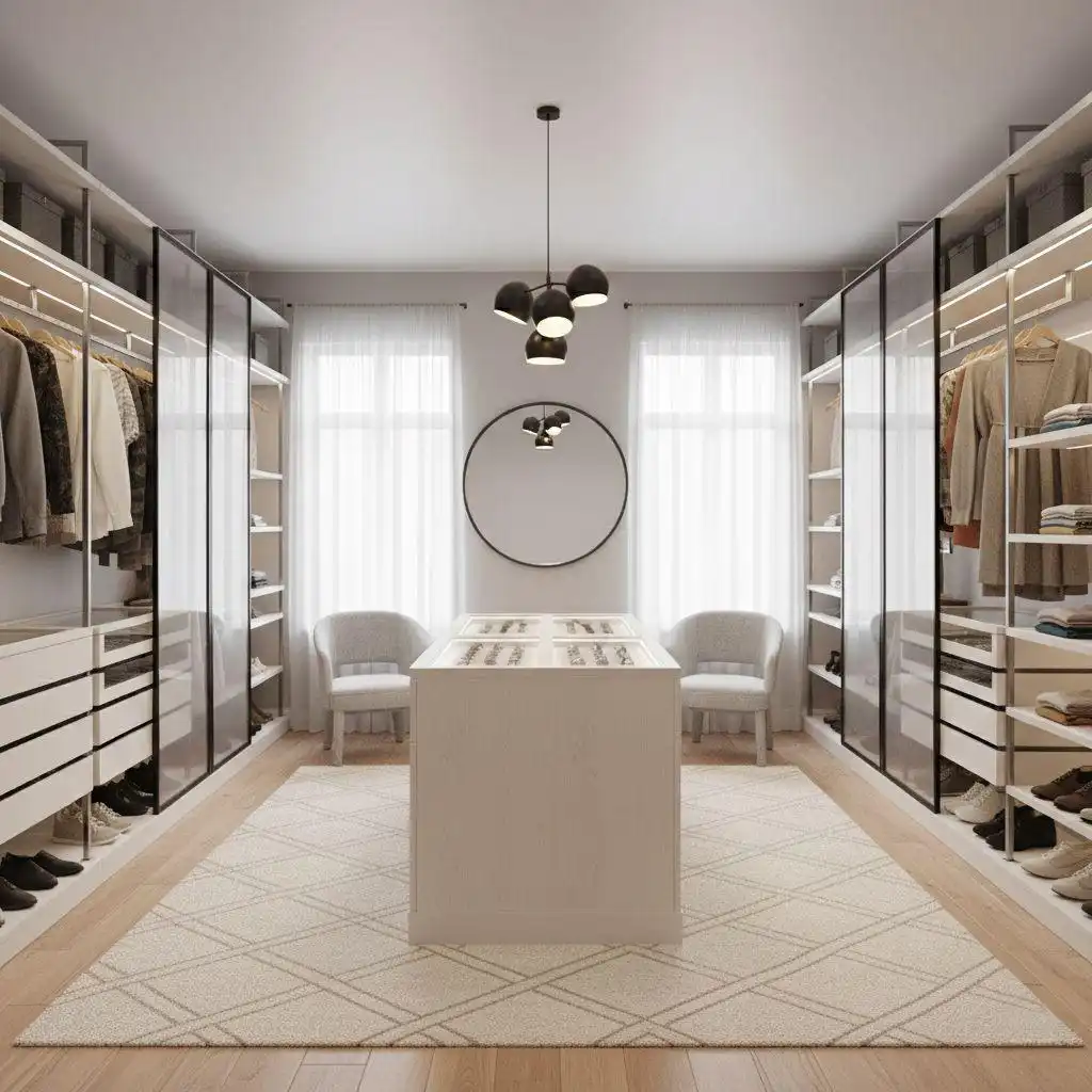 Bright, minimalist walk-in closet ideas featuring white cabinetry, floor-to-ceiling glass-front wardrobes, a solid white storage island with display cases, and sheer white curtains for a clean, contemporary look.