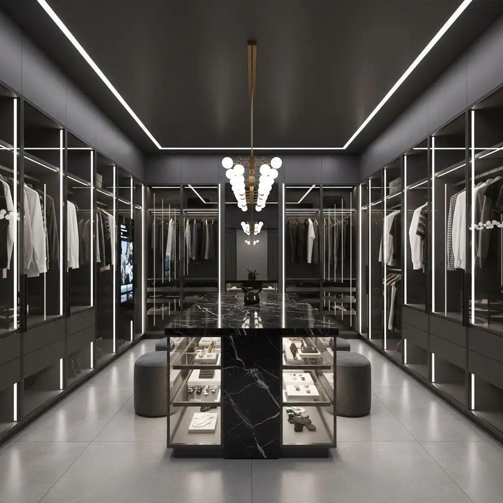 Modern, dark walk-in closet ideas featuring matte black cabinetry, smoked glass doors, vertical and perimeter LED strip lighting, and a luxurious central island with a black marble countertop for displaying accessories.