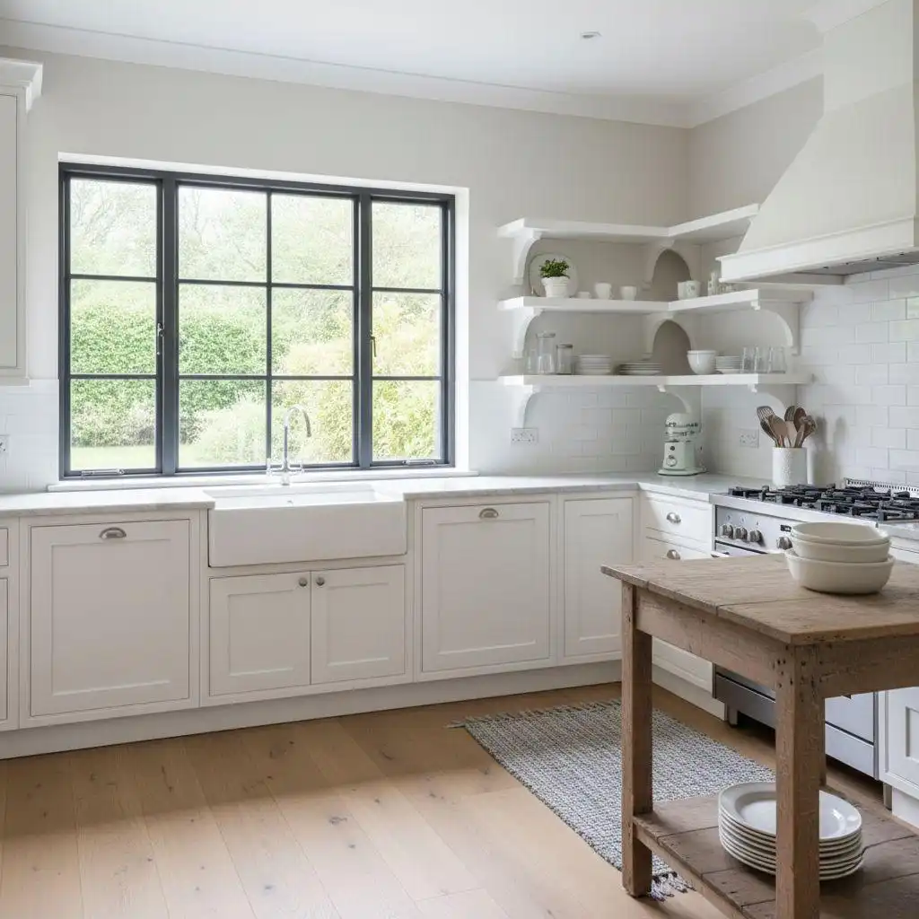 Farmhouse white kitchen cabinet idea featuring a large apron-front sink, open shelving, subway tile backsplash, and a rustic wood worktable.
