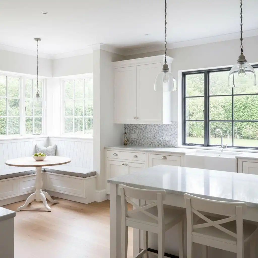 Bright white kitchen cabinet idea featuring shaker-style cabinetry, a built-in window seat breakfast nook, marble countertop island, and glass pendant lights.
