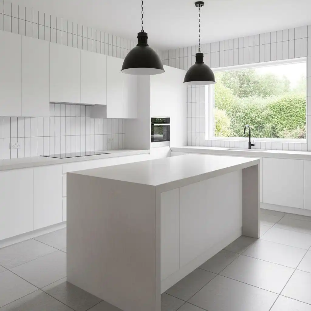 Minimalist white kitchen cabinet idea featuring a seamless island, vertical subway tile backsplash, and black pendant lights.