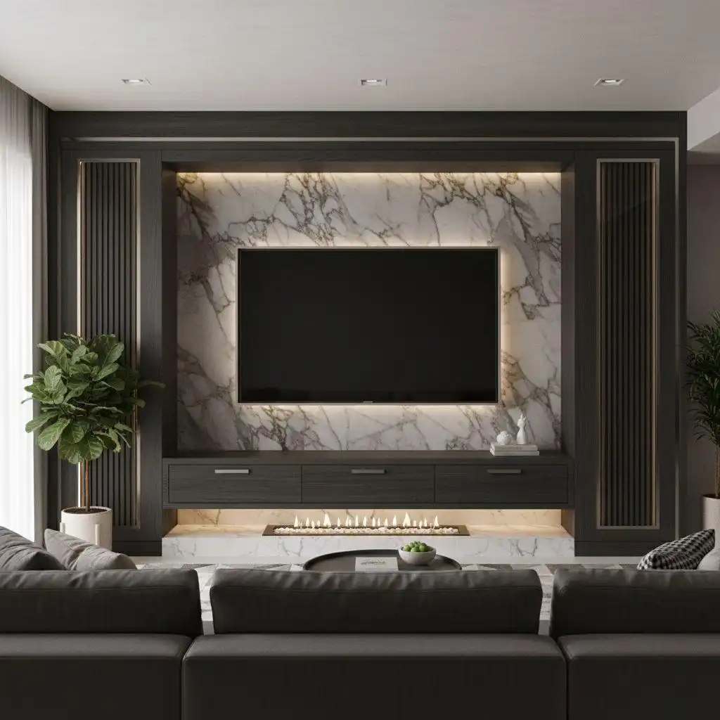 Bespoke built-in TV wall unit in dark charcoal wood with a white marble slab background, featuring slatted side panels, a floating media console, and a built-in linear fireplace with LED accent lighting.