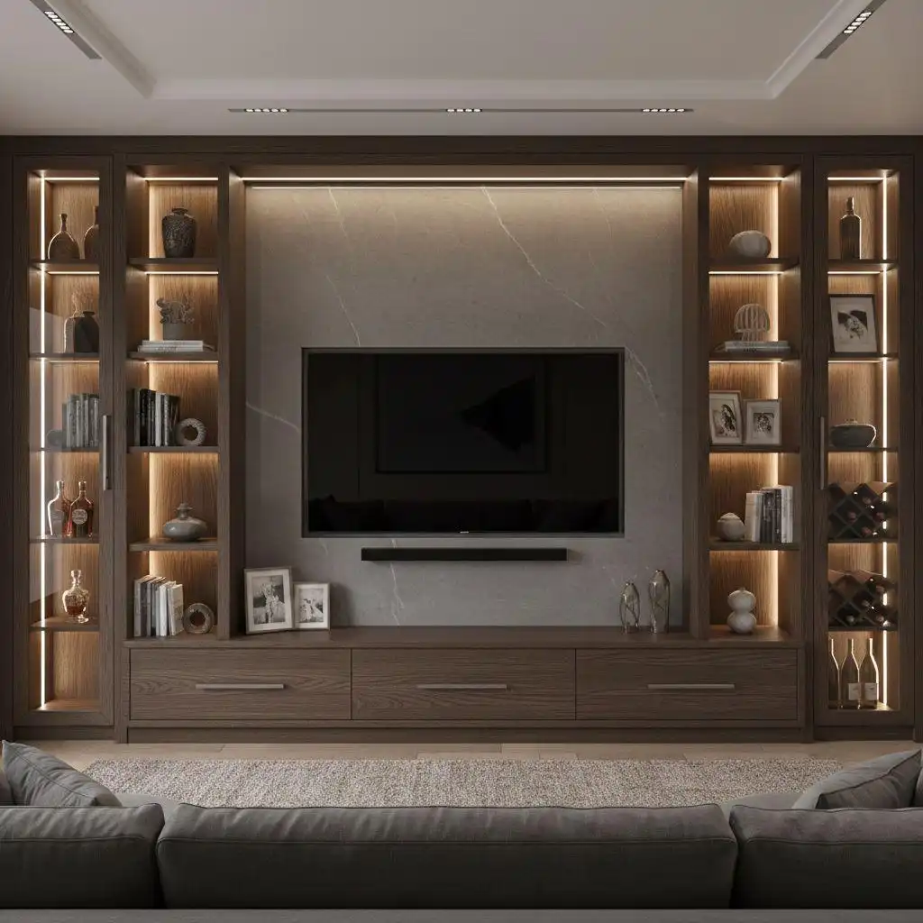 A bespoke built-in TV wall unit featuring dark wood cabinetry, integrated LED strip lighting on open shelves, glass display cases, and a grey marble backsplash behind a wall-mounted television.