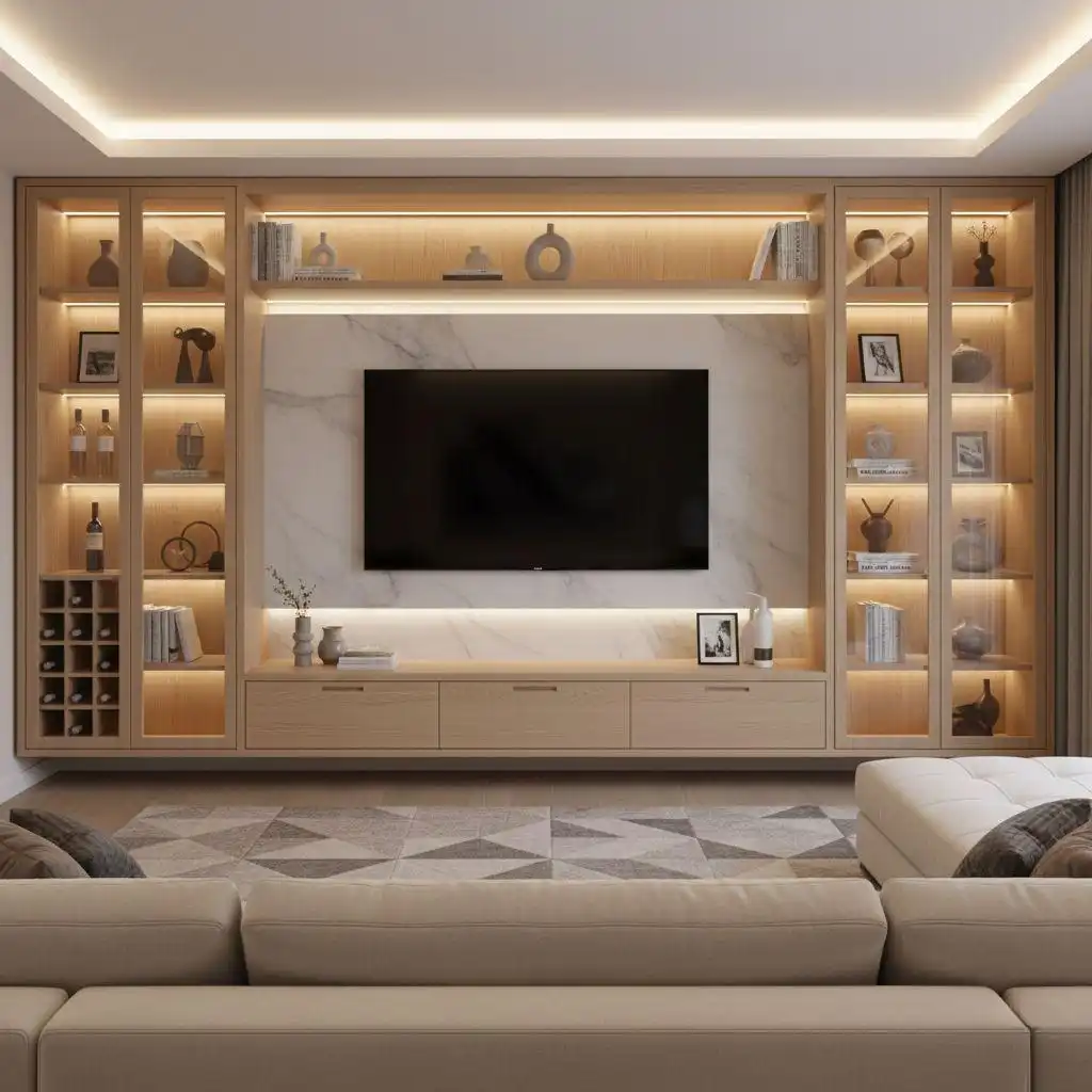 Modern Bespoke Built-in TV Wall Unit in Light Oak with White Marble Backdrop