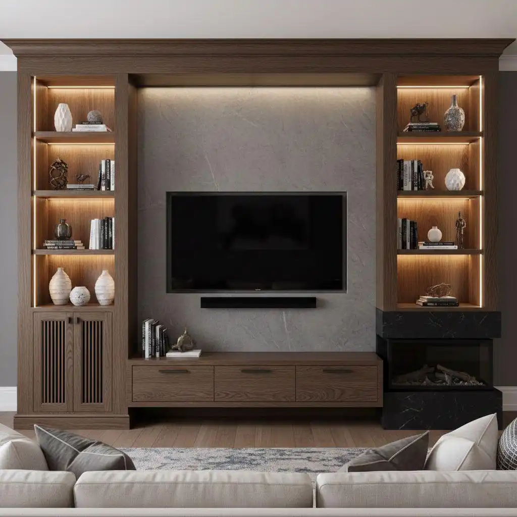 A walnut-finished bespoke built-in TV wall unit featuring a grey stone backsplash, crown molding, open lit shelving, and a modern integrated electric fireplace.