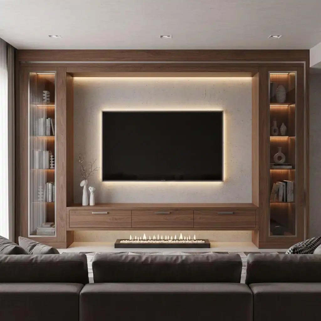 Bespoke built-in TV wall unit in dark walnut wood featuring glass-fronted display cabinets, integrated LED halo lighting around the TV, and a linear floor-level electric fireplace.