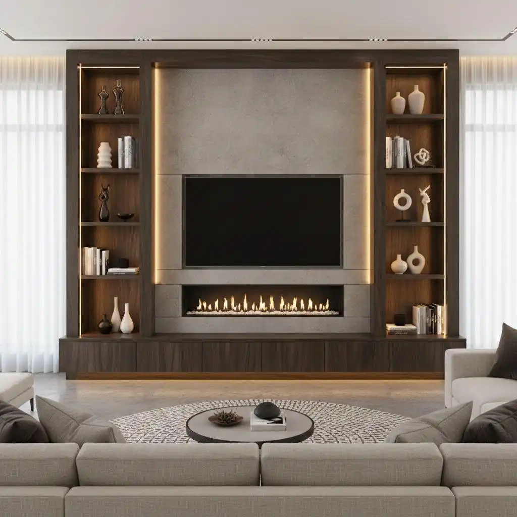 Custom Fireplace and TV Wall Unit Ideas 1 sophisticated custom fireplace and TV wall unit with dark espresso wood built-ins, featuring floor-to-ceiling open shelving with vertical LED strip lighting, a textured grey stone backsplash, a recessed TV, and a modern linear fireplace.