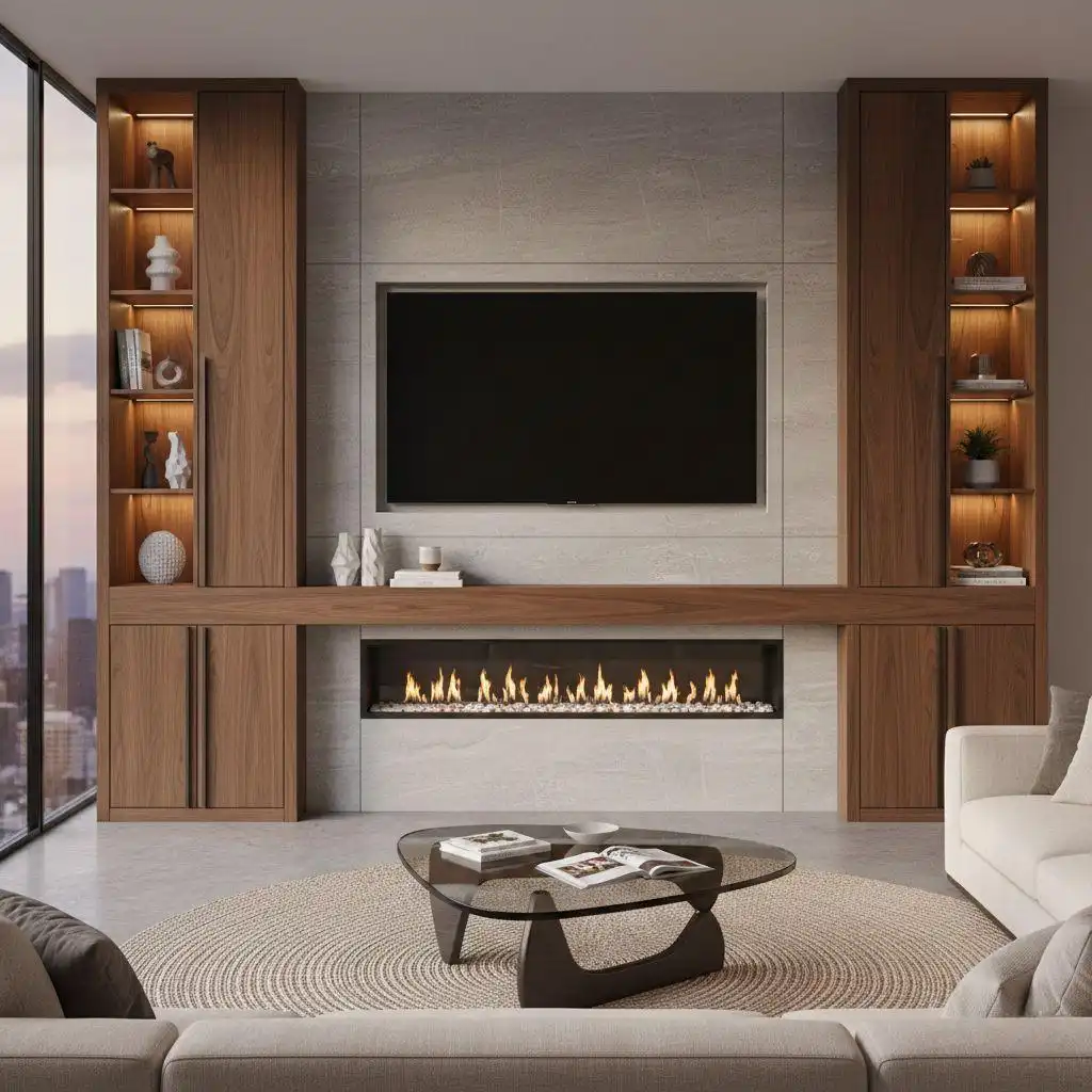 Custom Fireplace and TV Wall Unit Ideas 2 modern custom fireplace and TV wall unit featuring a recessed widescreen television above a sleek linear gas fireplace, flanked by walnut wood floor-to-ceiling cabinetry with integrated LED-lit display shelving and minimalist decor.