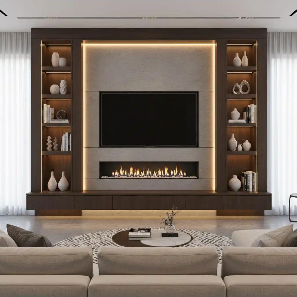 Custom Fireplace and TV Wall Unit Ideas 3 symmetrical custom fireplace and TV wall unit featuring a dark wood entertainment center with integrated warm LED backlighting, built-in bookshelves, and a floating base cabinet beneath a modern linear gas fireplace and large flat-screen television.