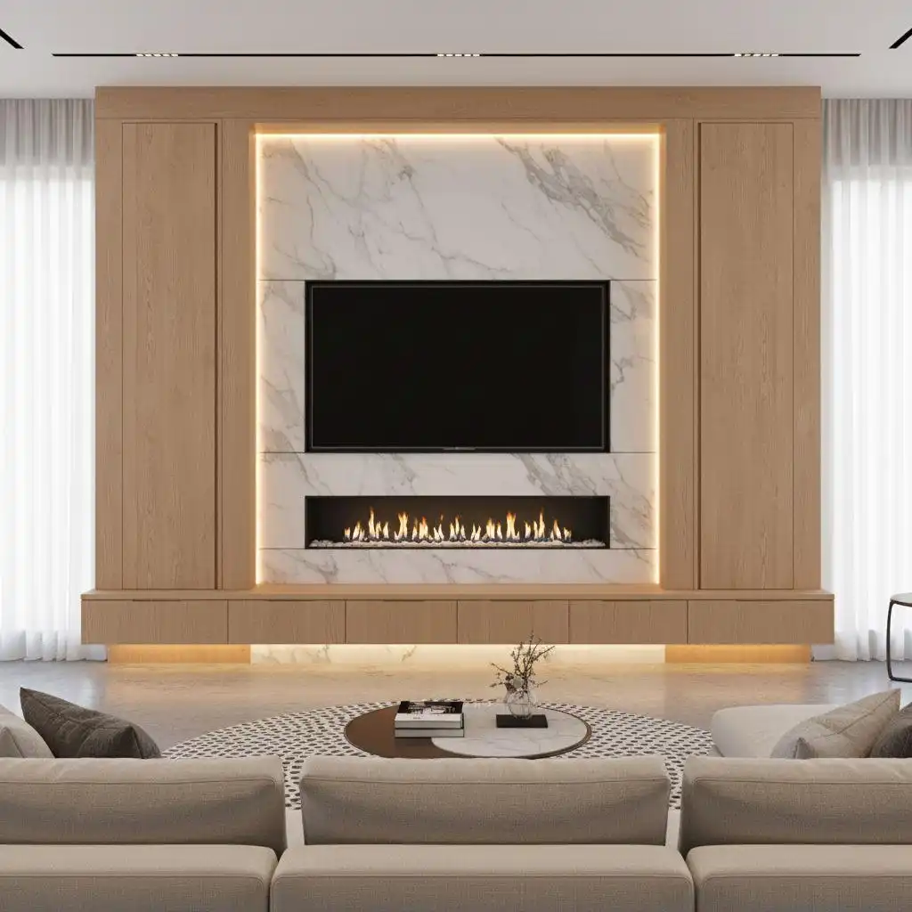 minimalist custom fireplace and TV wall unit ideas featuring light oak wood cabinetry, a white marble slab accent wall with a recessed TV and linear gas fireplace, and integrated warm LED glow lighting for a bright, modern living room.
