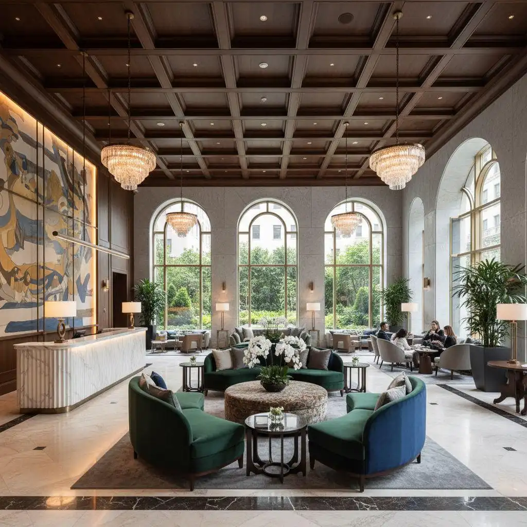 Modern, soaring hotel lobby with full-height windows, a central abstract sculpture, a marble bar, and scattered low-profile seating arrangements showcasing contemporary Hotel Furniture.