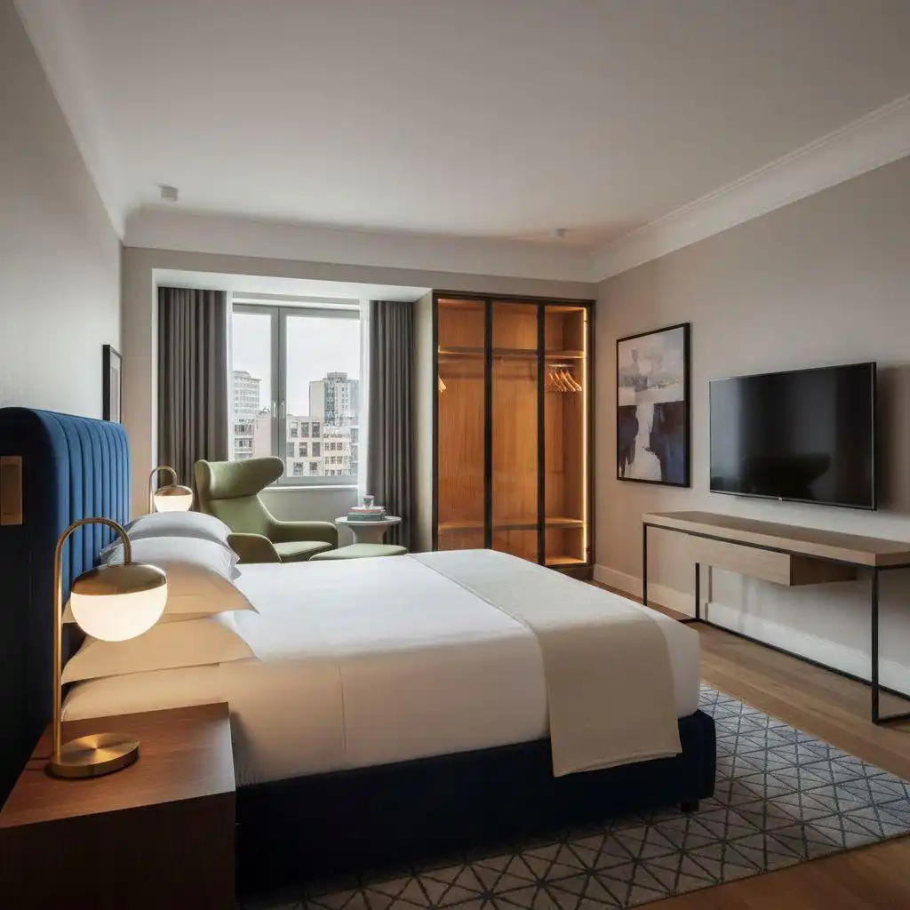 A luxurious, modern hotel room featuring a navy blue upholstered headboard, a king-size bed with white linens, a brass globe bedside lamp, a light wood floating desk, and a built-in, illuminated wardrobe.