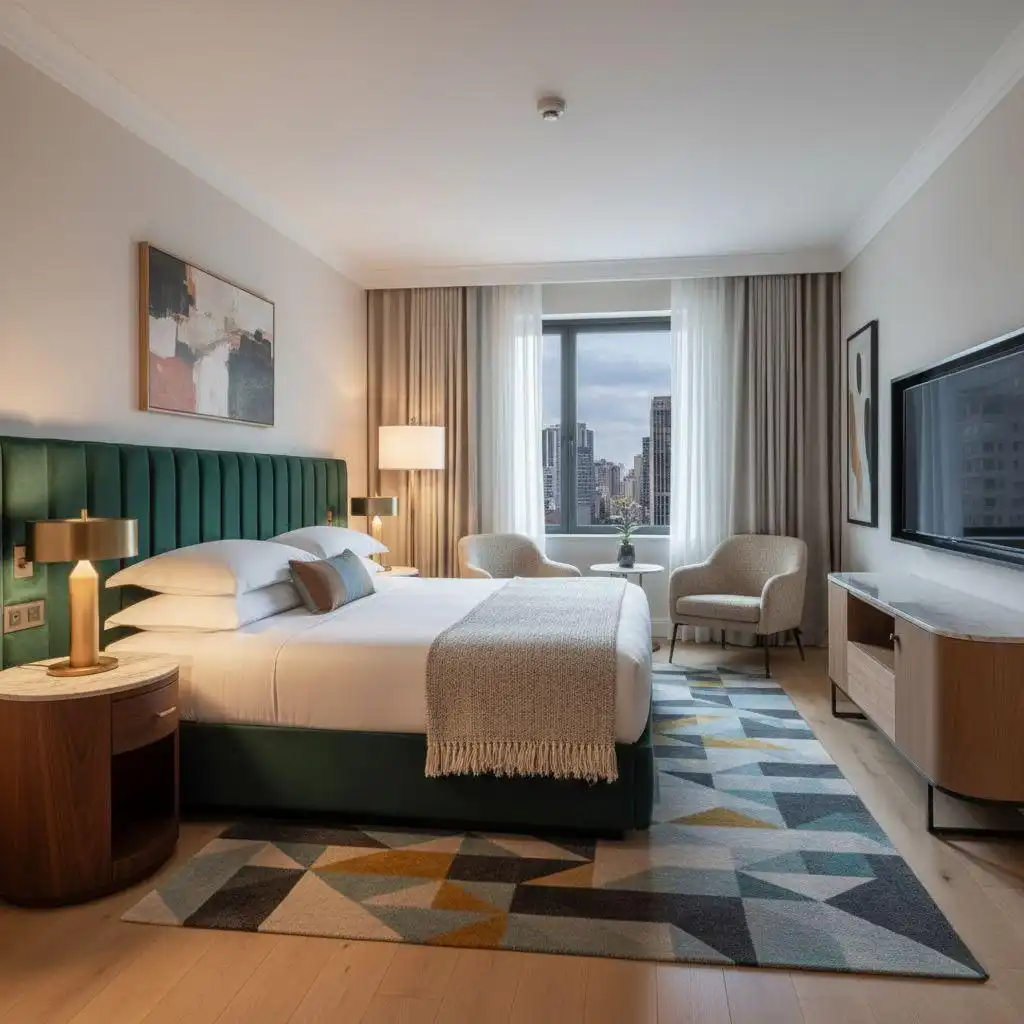 Luxurious hotel room featuring premium Hotel Furniture, including a king-size bed with a deep emerald green velvet tufted headboard, circular wood and marble bedside tables, and a bold geometric rug on a light wood floor.