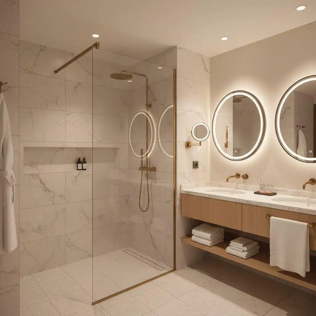 Luxury hotel bathroom featuring a double vanity with light wood cabinetry, marble countertop, backlit circular mirrors, and a walk-in shower with brass fixtures and marble-look tiles.