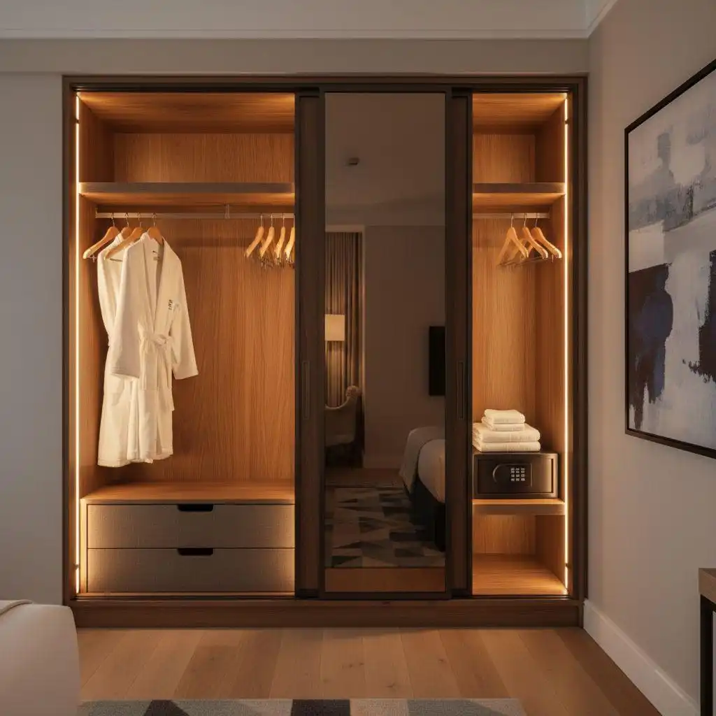 Built-in hotel wardrobe Hotel Furniture with sliding doors, interior lighting, a mirror panel, hanging space, drawers, a safe, and fresh white towels.