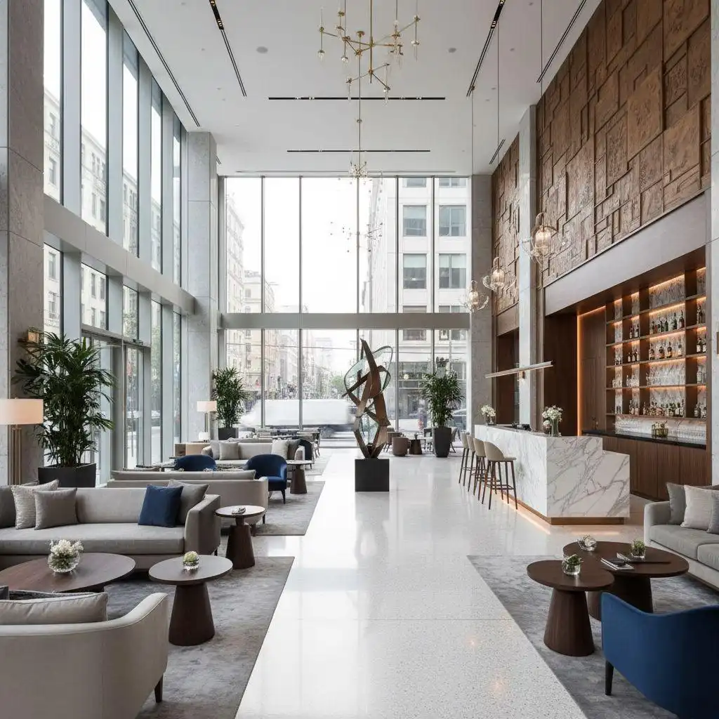 Grand, modern hotel lobby with high ceilings, floor-to-ceiling windows, scattered seating areas with light gray sofas, a marble bar, and contemporary sculptural Hotel Furniture.