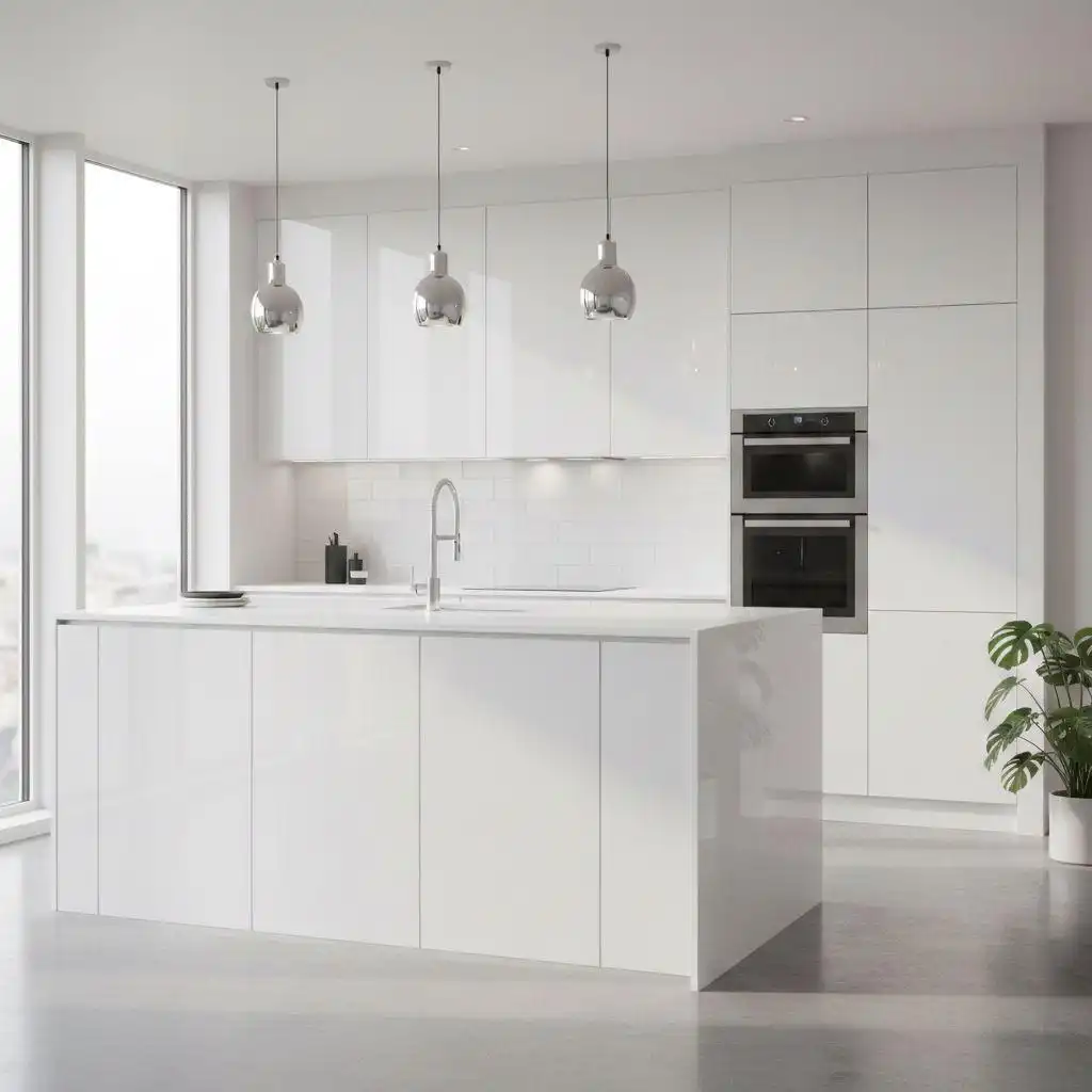 Modern white kitchen cabinets with durable hardware and clean lines in a contemporary home interior