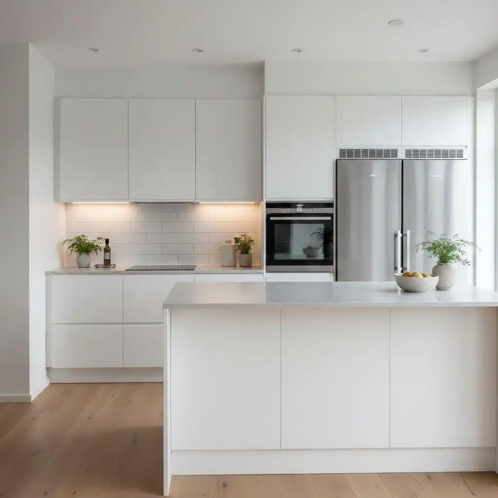 Close-up view of high-quality white kitchen cabinet doors with scratch-resistant finish and modern handle design