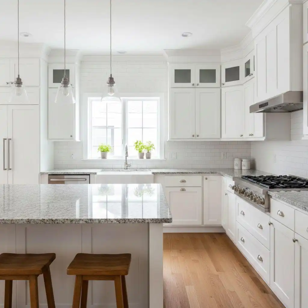 Full view of modern kitchen with white durable cabinets, minimalist layout, and natural light integration