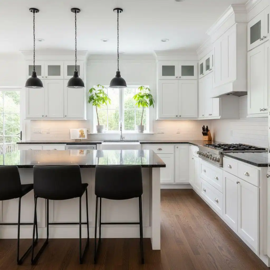 High-durability white kitchen cabinets demonstrating scratch-resistant surface and stain-proof finish in a busy household setting