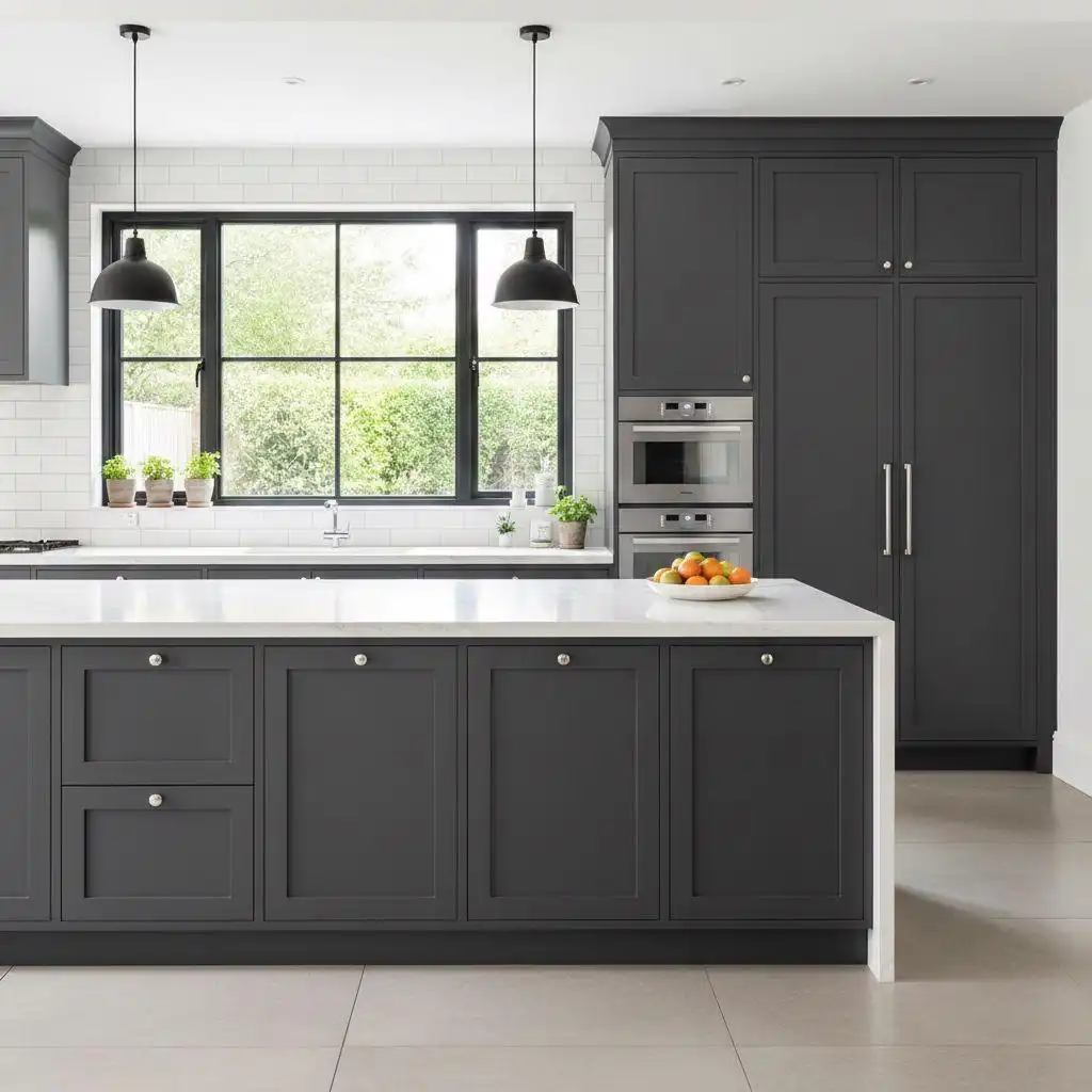 Kitchen Cabinet Styles 1 modern kitchen featuring dark charcoal gray inset Shaker-style cabinets, a large white marble waterfall island, and white subway tile backsplash under natural window light.