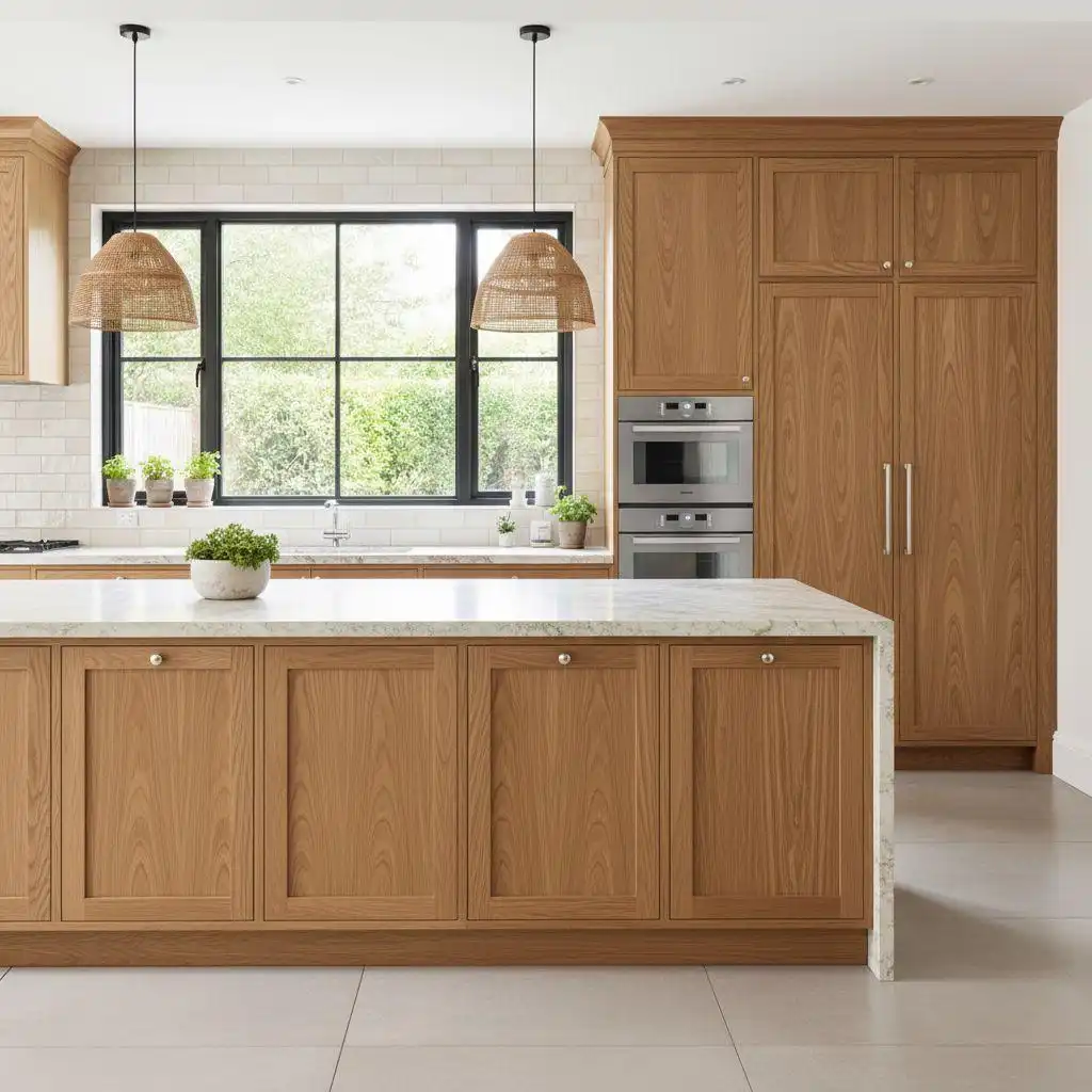 Kitchen Cabinet Styles 2 bright kitchen with natural oak-toned inset Shaker cabinets, a white marble waterfall island, and two woven wicker pendant lights in front of a large window.