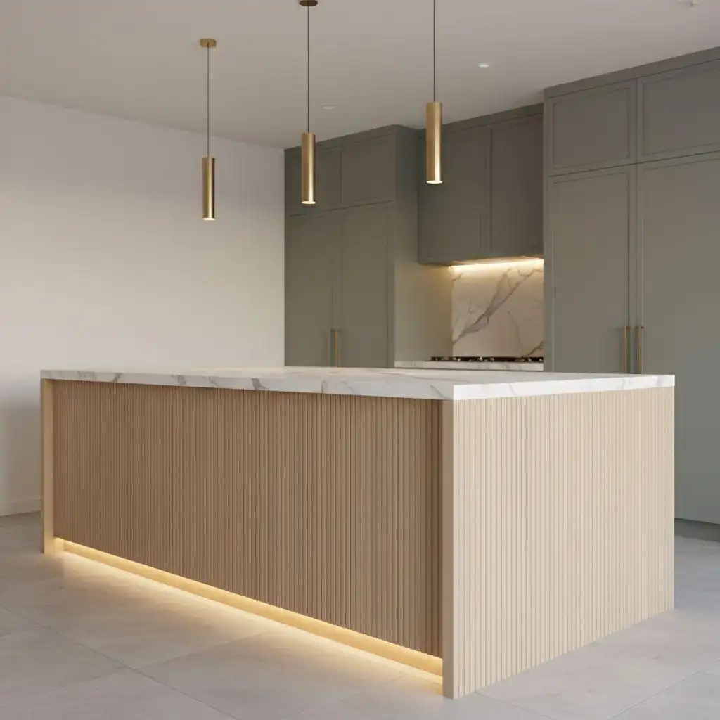 Kitchen Cabinet Styles 4 contemporary kitchen featuring sage green flat-panel cabinets, gold cylinder pendant lights, and a light wood kitchen island with a vertical fluted texture and integrated base lighting.