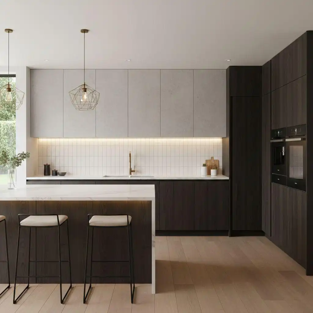 Kitchen Cabinet Styles 6 contemporary kitchen featuring light grey upper cabinets, dark espresso wood lower cabinets, and a white marble waterfall island with geometric wire pendant lights.