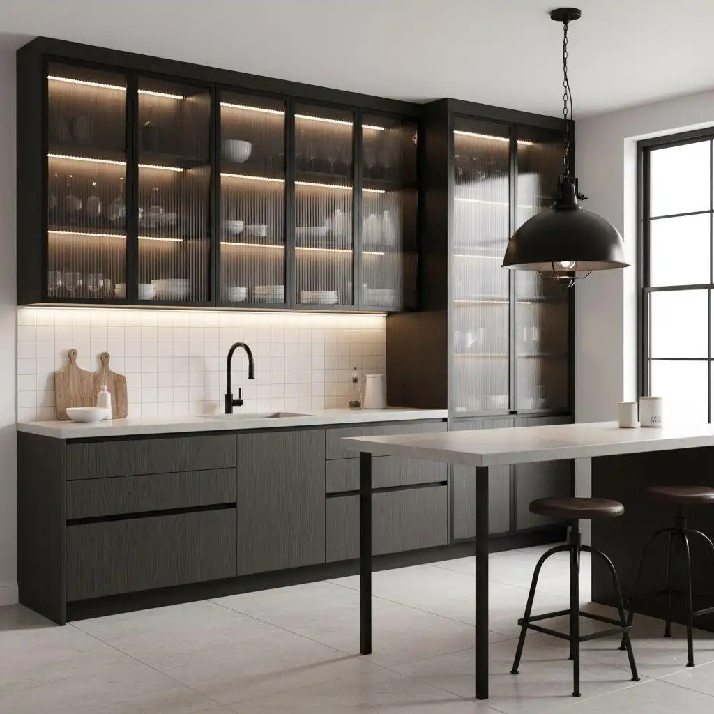 Kitchen Cabinet Styles 7 dark charcoal kitchen featuring upper cabinets with fluted glass doors and integrated LED lighting, paired with a white square tile backsplash and a black industrial dome pendant light.
