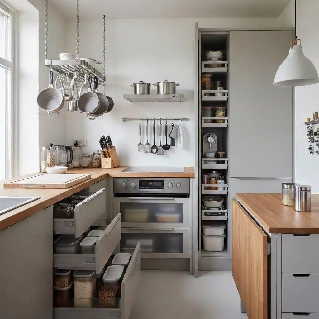 Modern minimalist kitchen featuring smart kitchen storage solutions for small spaces, including a tall pull-out pantry, organized deep drawers with containers, a hanging ceiling pot rack, and wall-mounted utensil rails.