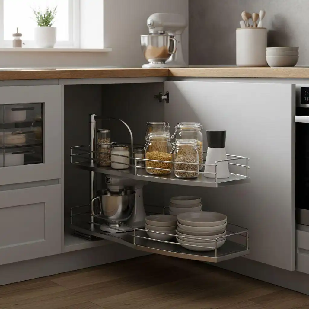 Two-tier pull-out metal corner cabinet organizer in a modern kitchen, showcasing smart storage solutions for small spaces by maximizing accessibility of jars and bowls.