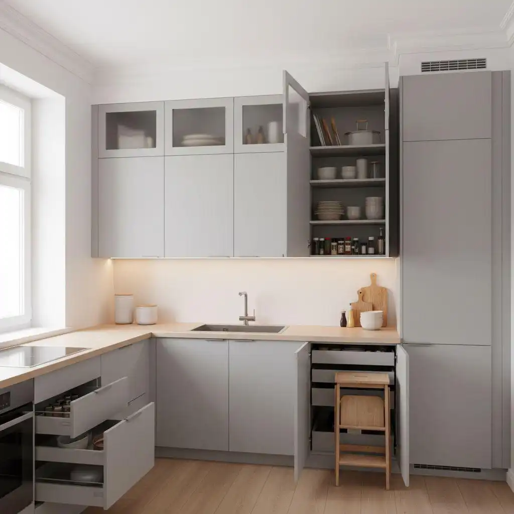 A modern grey L-shaped kitchen featuring smart storage solutions for small spaces, including open upper cabinets with spice racks, deep pull-out lower drawers, and a built-in pantry system with a wooden step stool.