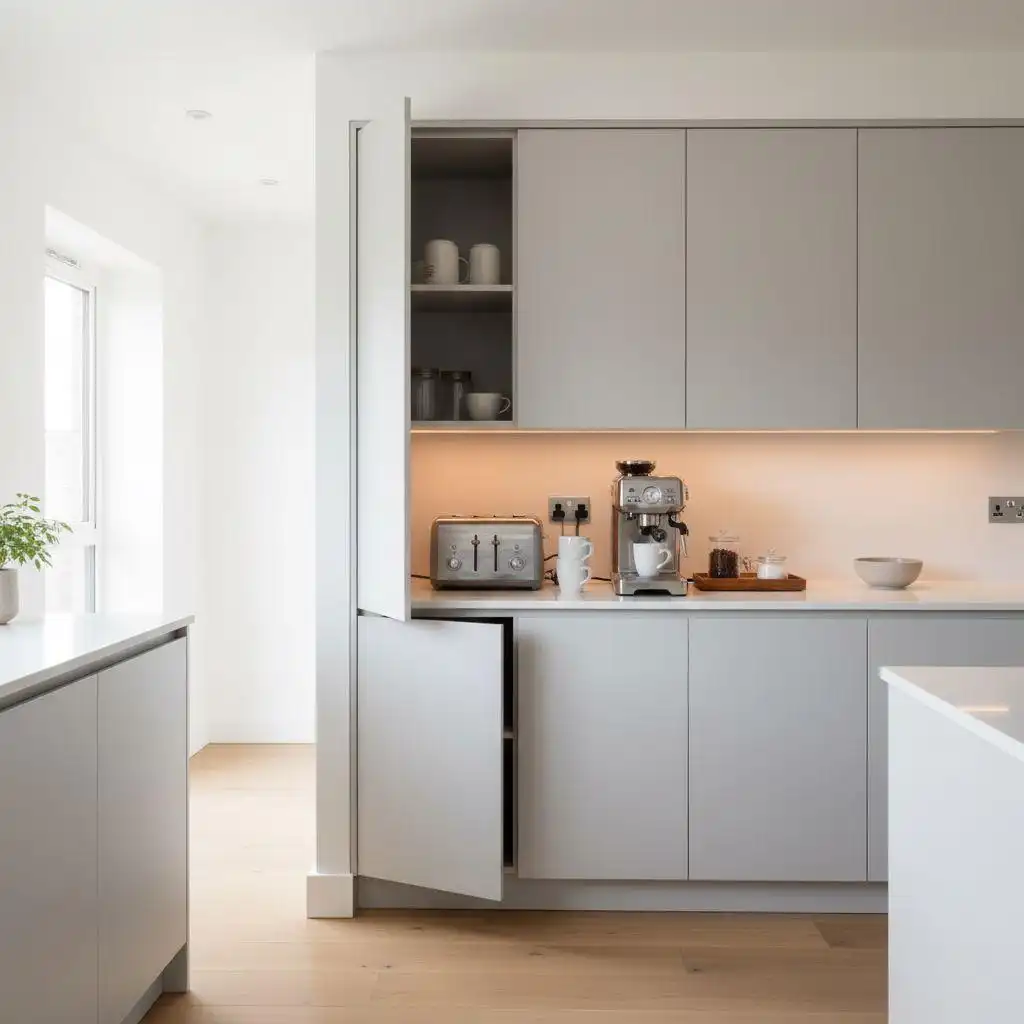 Minimalist light grey smart kitchen storage cabinet with integrated breakfast station housing a toaster and espresso machine.