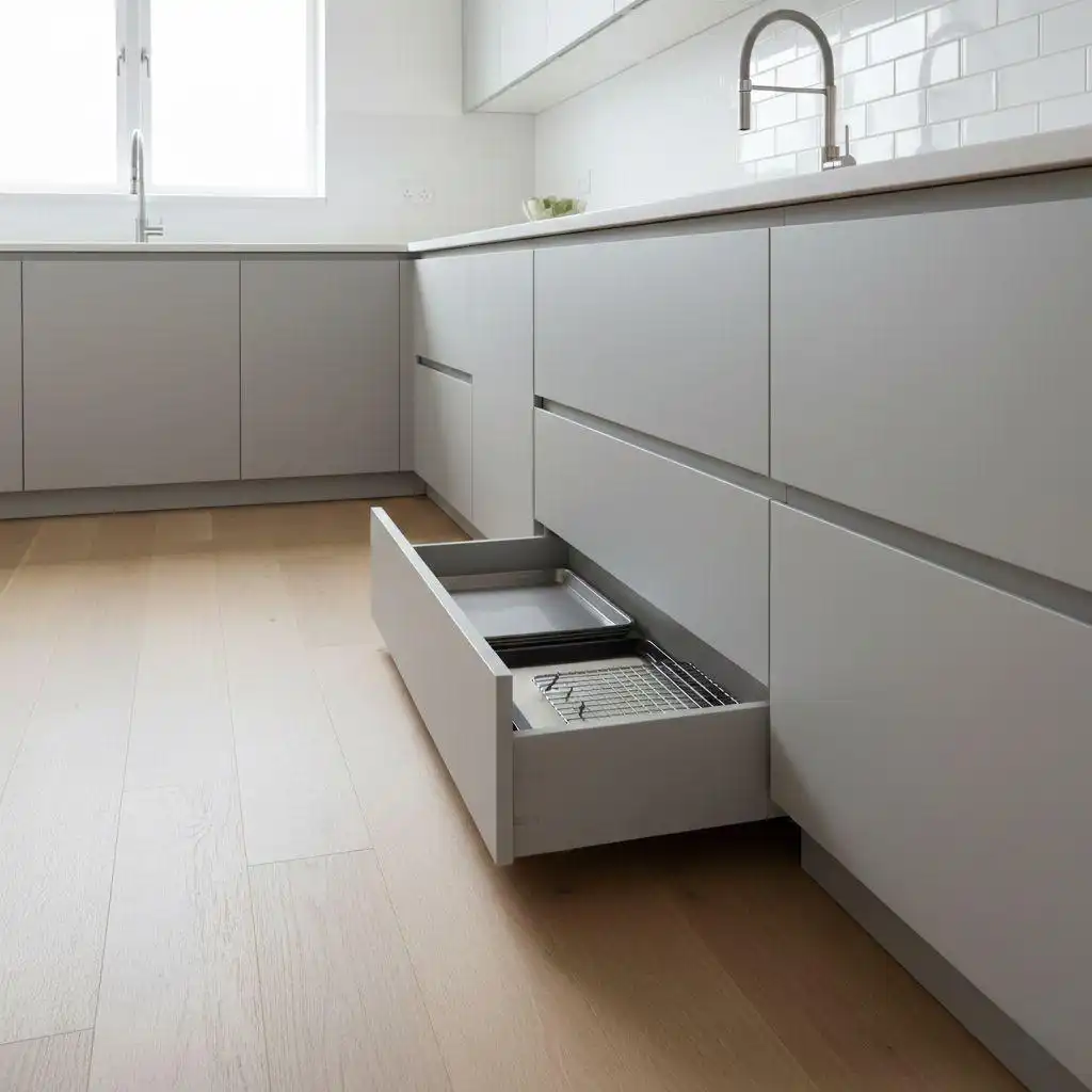 Modern light grey kitchen base cabinets featuring a slim pull-out plinth drawer storing baking sheets and cooling racks.