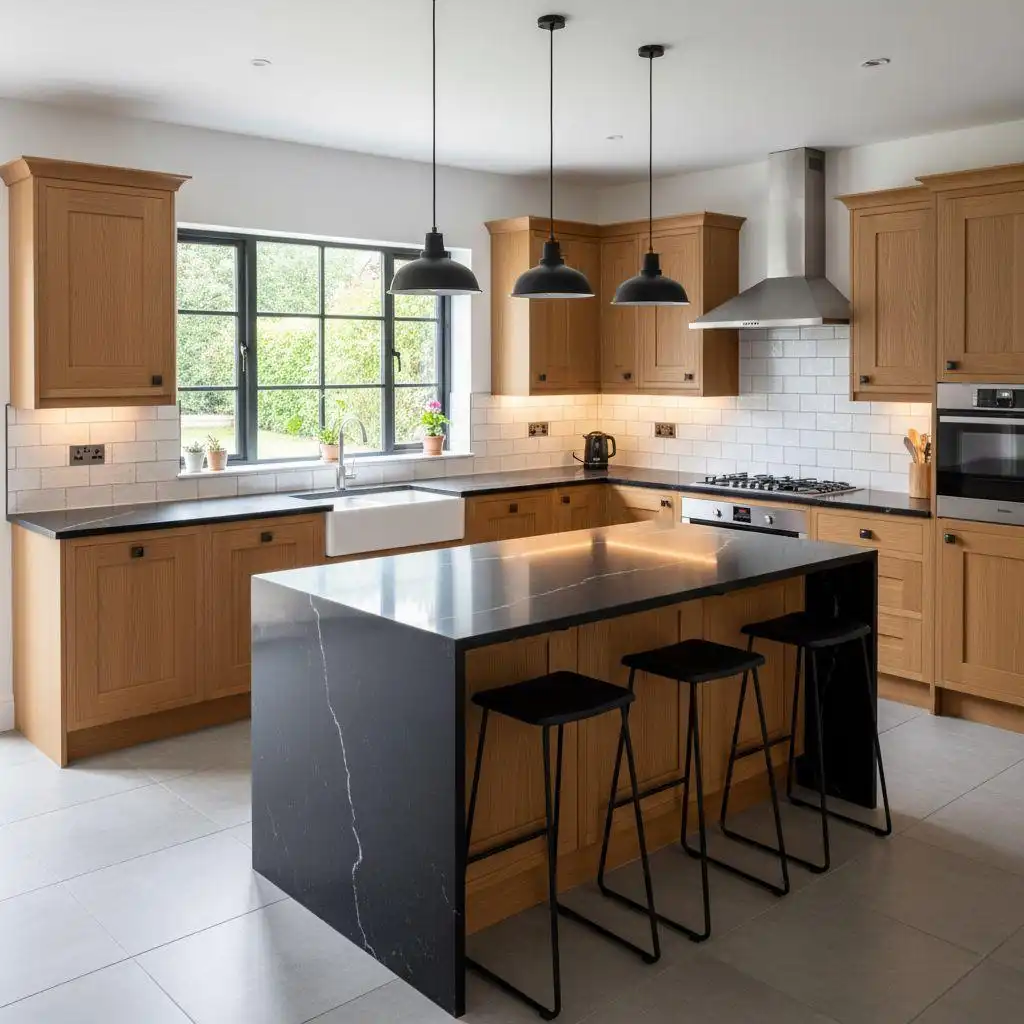 L shaped kitchen 1 warm L-shaped kitchen with natural oak Shaker cabinets, black quartz countertops, a matching waterfall island with bar stools, and a white subway tile backsplash.