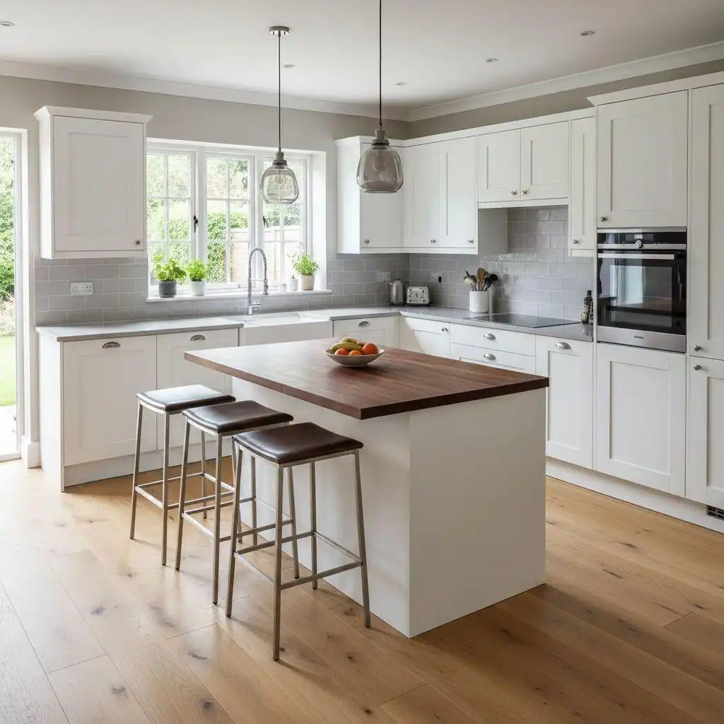 L-shaped kitchen remodel cost guide.modern L-shaped kitchen featuring white Shaker cabinets, a wooden butcher block island with bar stools, grey subway tile backsplash, and light oak wood flooring.