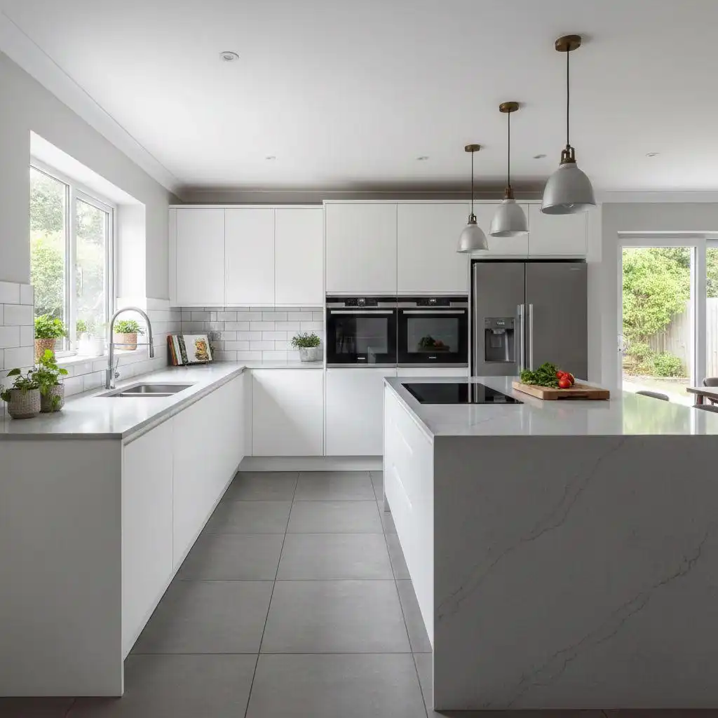 L shaped kitchen 3 minimalist L-shaped kitchen featuring handleless white cabinets, a large marble waterfall island with an integrated cooktop, and built-in double ovens.