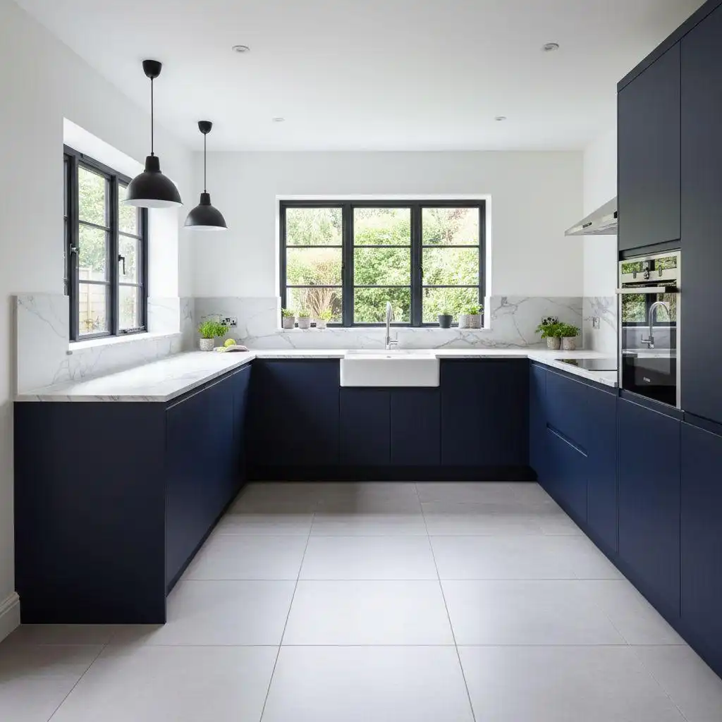 L shaped kitchen 4 modern L-shaped kitchen featuring deep navy blue handleless cabinets, white marble countertops with matching backsplash, a farmhouse sink under a black window frame, and light grey tile flooring.