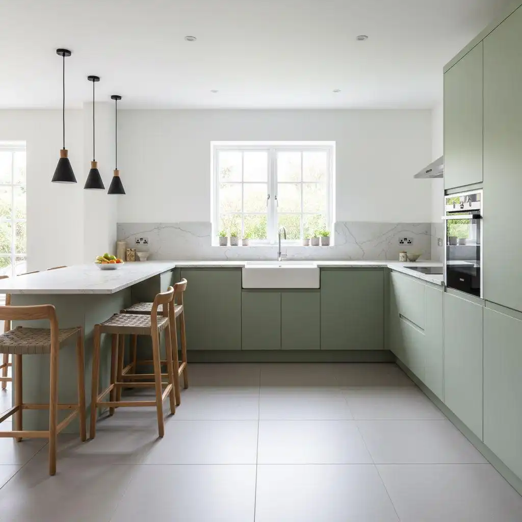 L shaped kitchen 5 contemporary L-shaped kitchen featuring muted sage green cabinets, white marble-style quartz countertops, an integrated white farmhouse sink, and a matching peninsula with wooden bar stools.