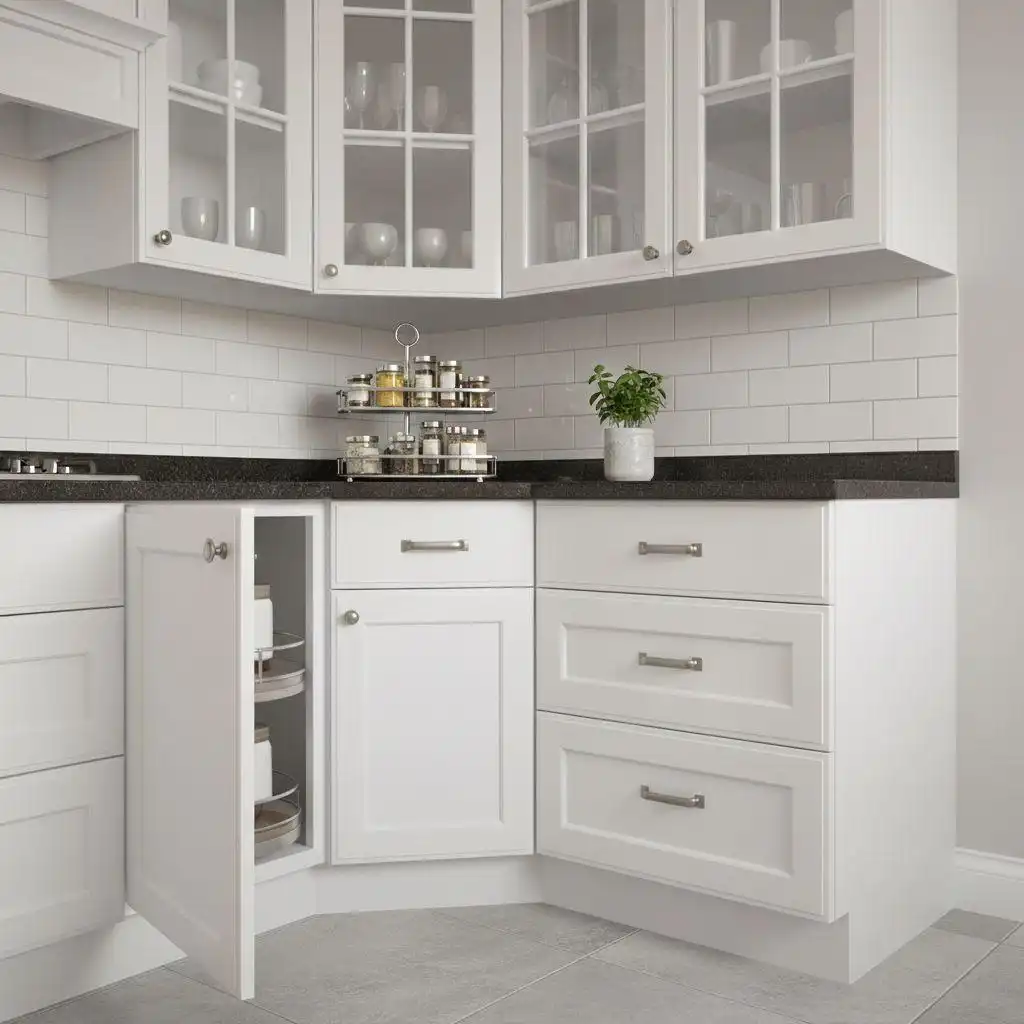 modern L-shaped kitchen corner solutions featuring high-gloss white lacquer cabinets with an integrated rotating lazy Susan pull-out system for optimized storage.