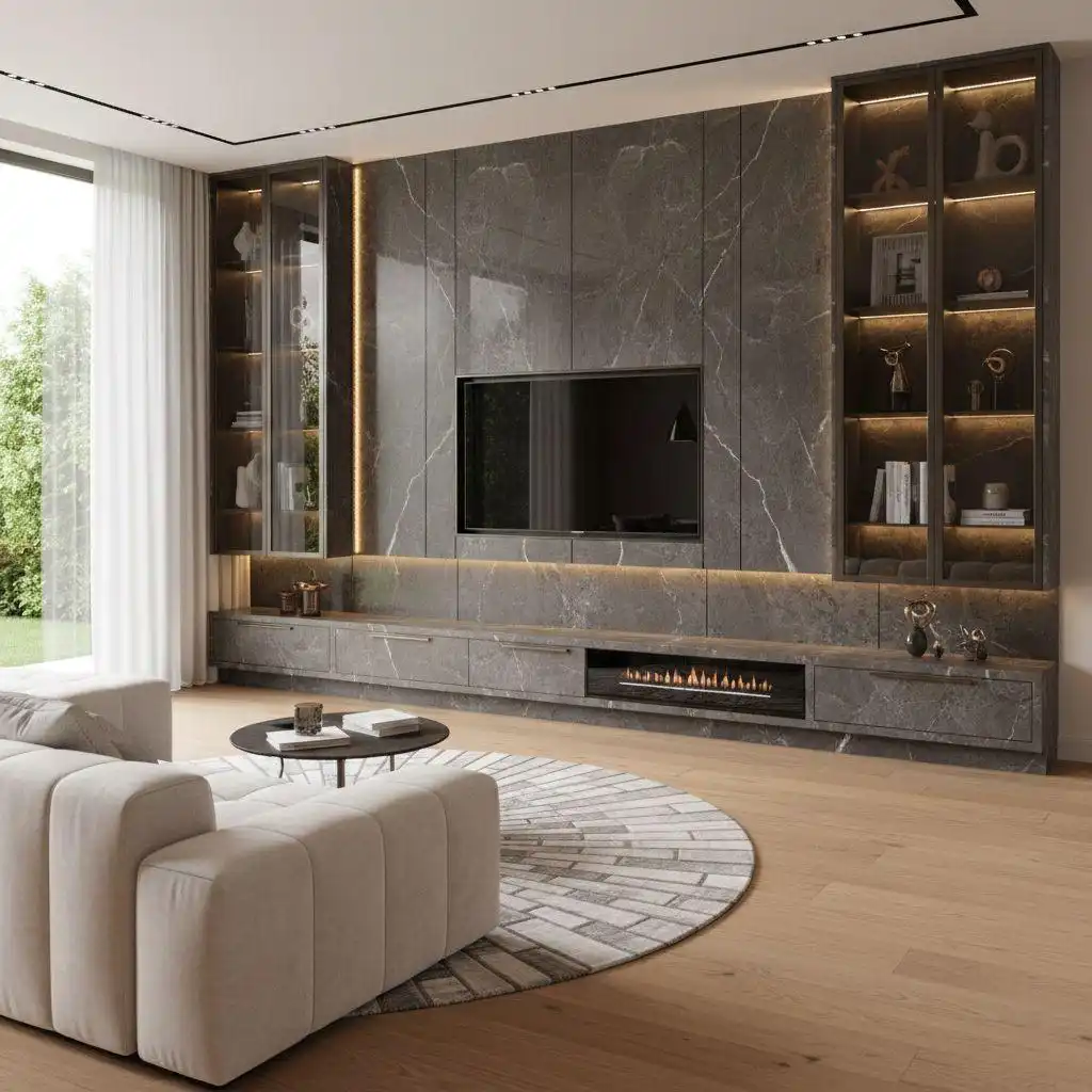 Luxury sintered stone TV wall units featuring floor-to-ceiling glass display cabinets, a built-in electric fireplace, and halo LED lighting.