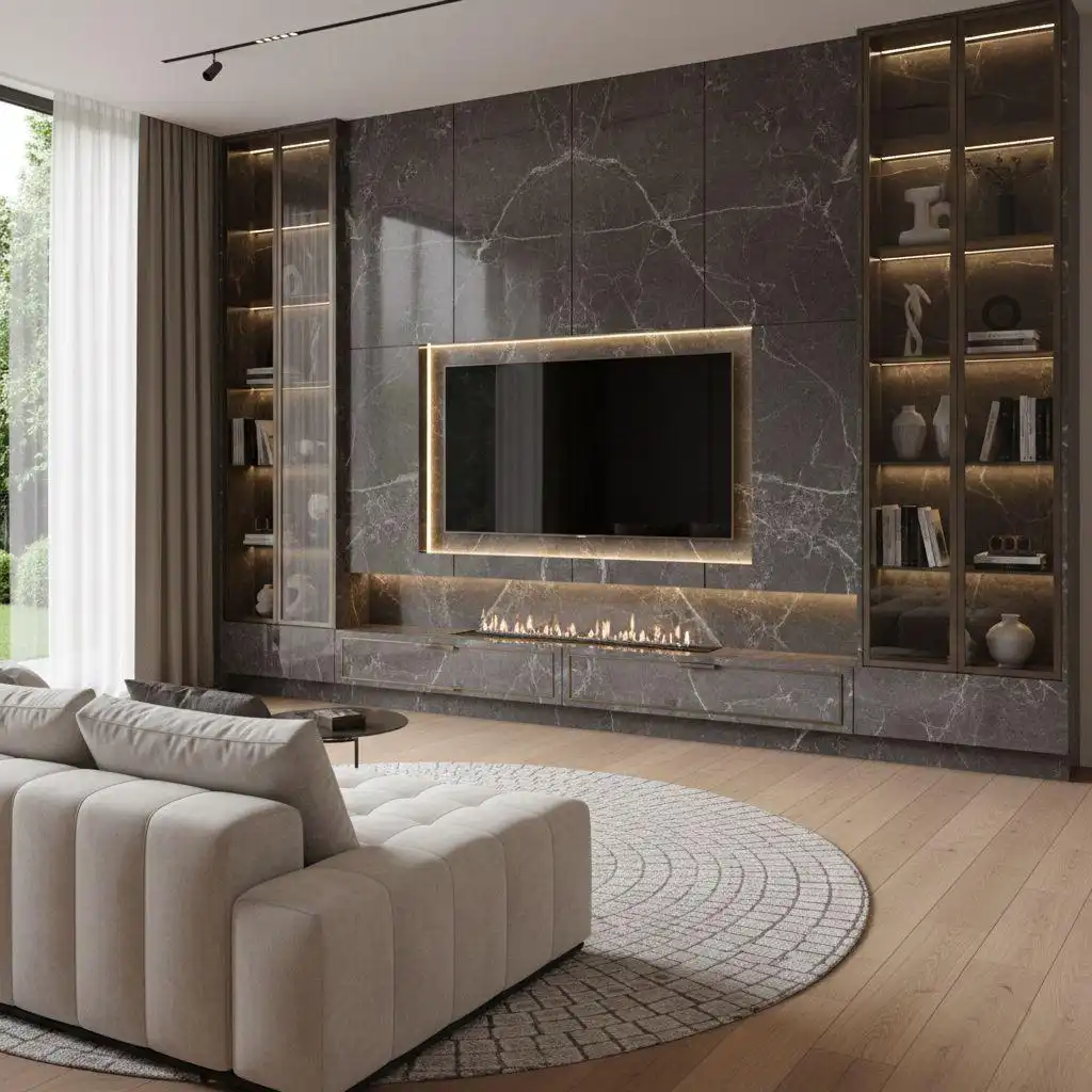 Luxury sintered stone TV wall unit in dark grey marble with bronze wood slat accents, a floating console, and a built-in modern fireplace.