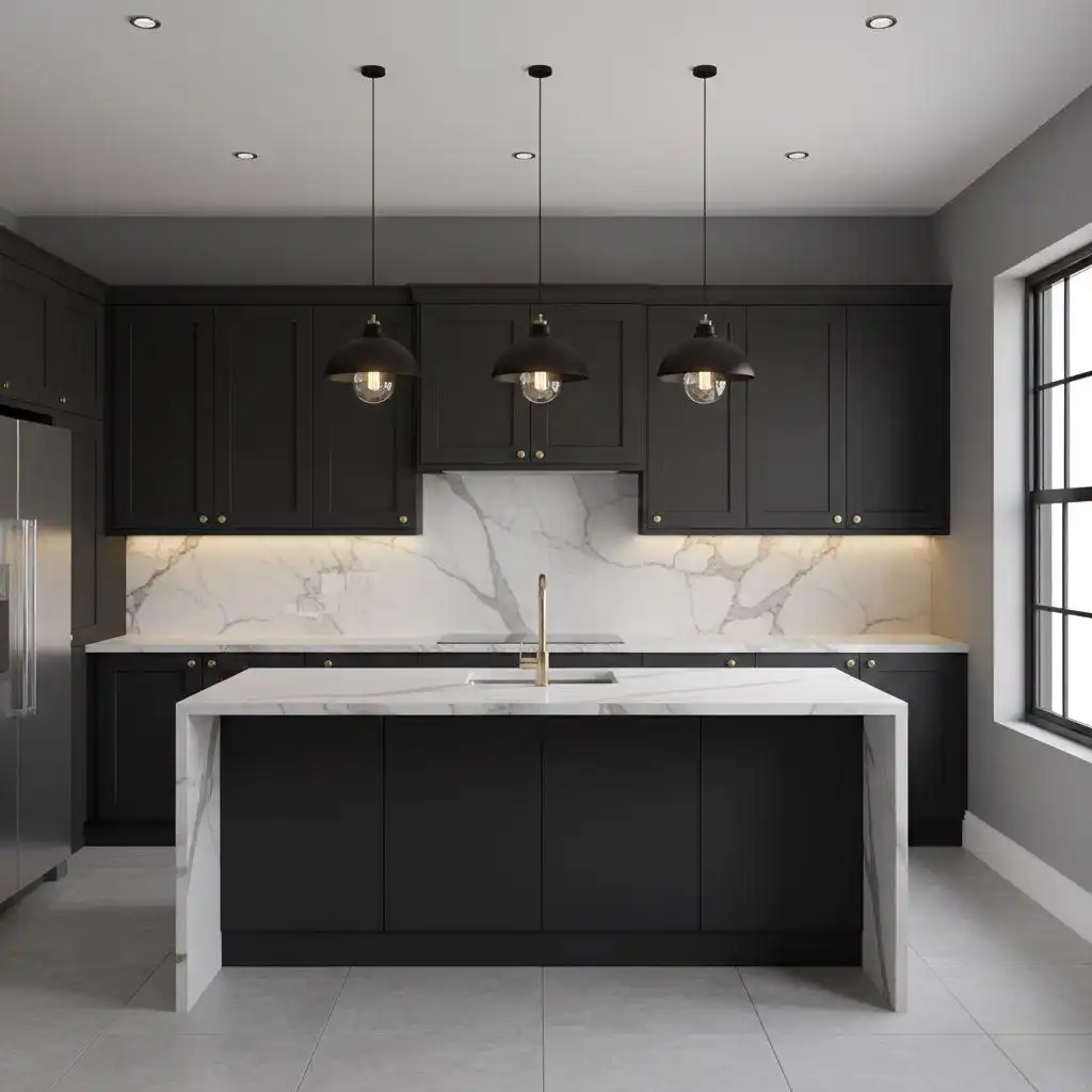 Modern kitchen with matte black kitchen cabinets, a white waterfall marble island, and gold hardware and faucet.